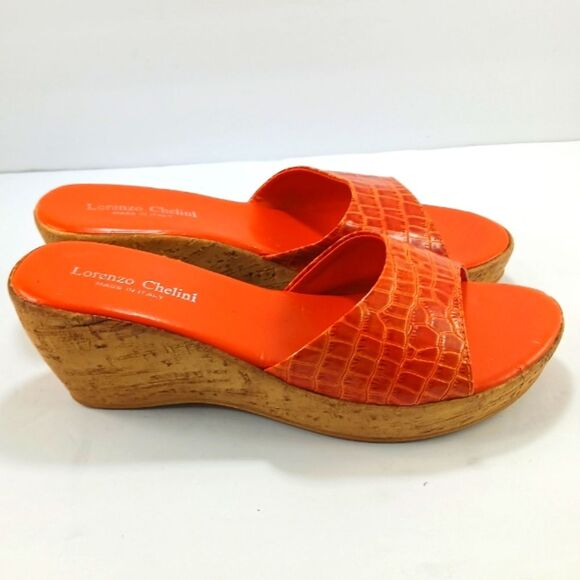 Lorenzo Chelini Orange Crocodile Print Cork Wedge Sandals. Womans 8............. - Picture 5 of 13